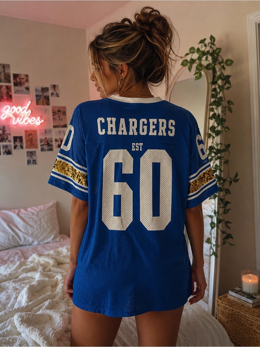 PINK Victoria's Secret Blue & Gold womans Mesh Football Jersey